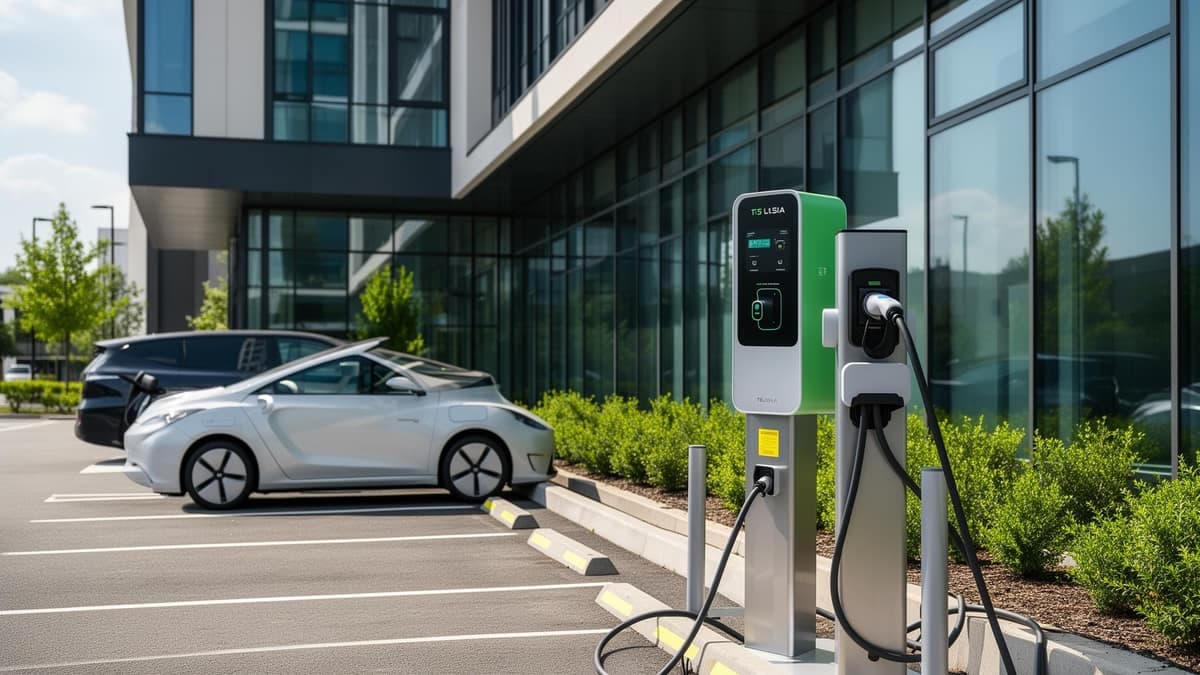 Electric vehicle charging station connected to a car